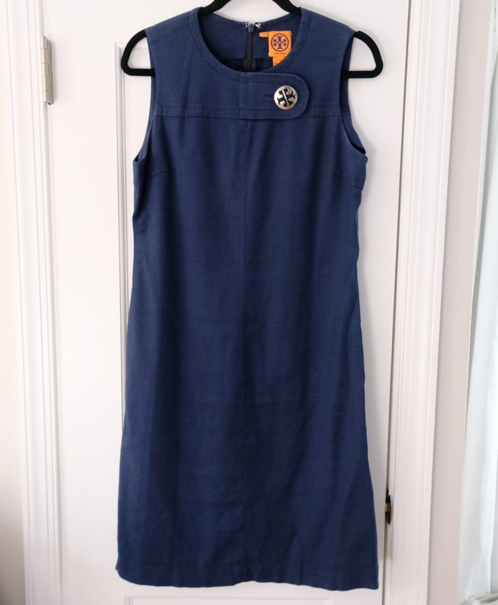 Tory Burch Navy Linen Blend Sheath Dress w/ Silver Logo Button | Sz 6